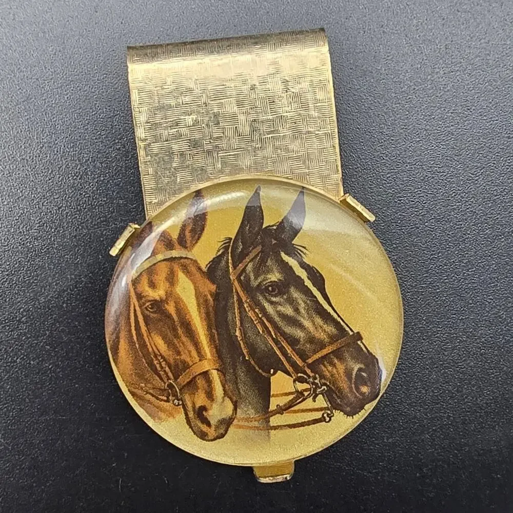 Vintage Equestrian Horse Themed Money Clip Gold Tone Western #3